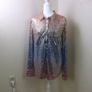 Anthropologie Top Womens Large Multicolor Ombre Sequin Button Down Shirt Preppy